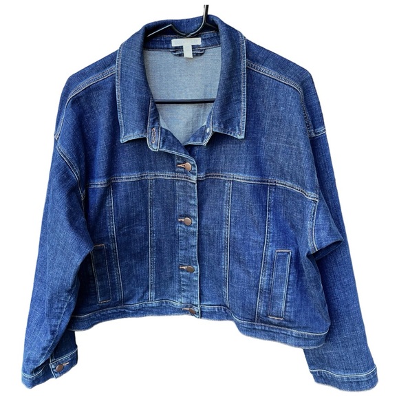 Eileen Fisher Wm’s Organic Cotton Stretch Cropped Denim Jeans Jacket Sz L - Picture 1 of 13
